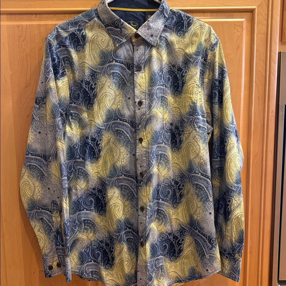 NAT NAST MEN’S BLUE/YELLOW PAISLEY LONG SLEEVE SHIRT/LARGE